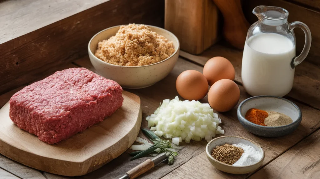  Ingredients for a classic meatloaf recipe, including ground beef, breadcrumbs soaked in milk, eggs, and spices.