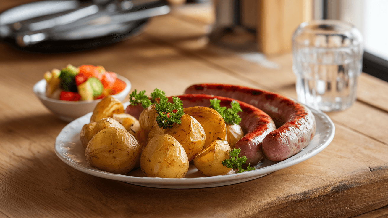 A plate of roasted potatoes and grilled sausages with fresh parsley, served with vegetables on a rustic wooden countertop