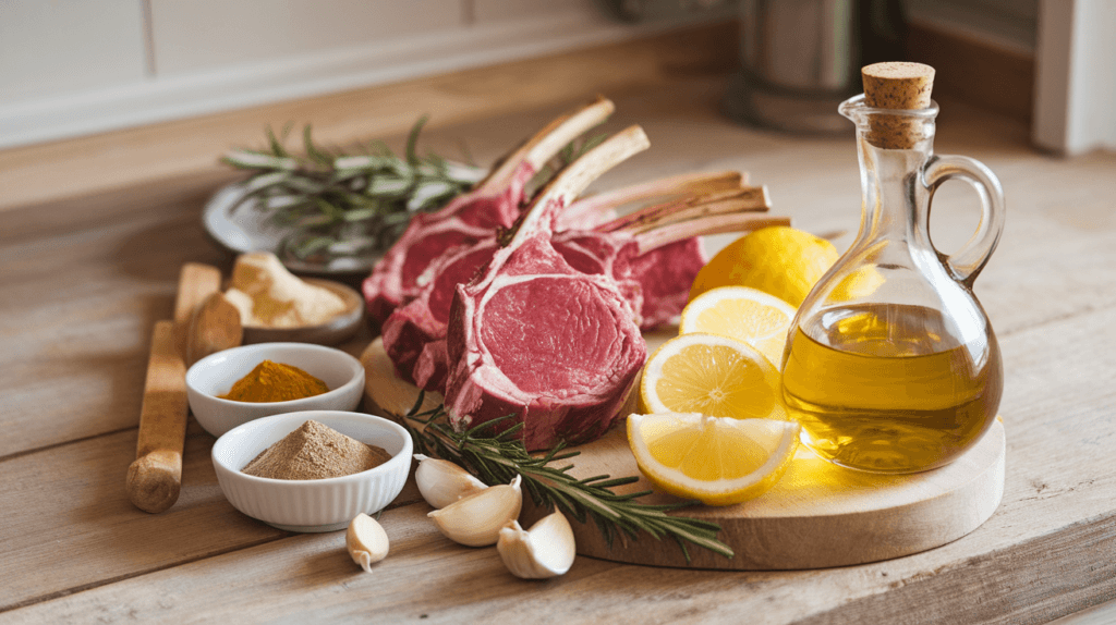 Ingredients for lamb chop marinade, including olive oil, lemon slices, garlic, rosemary, and spices, displayed on a wooden counter.