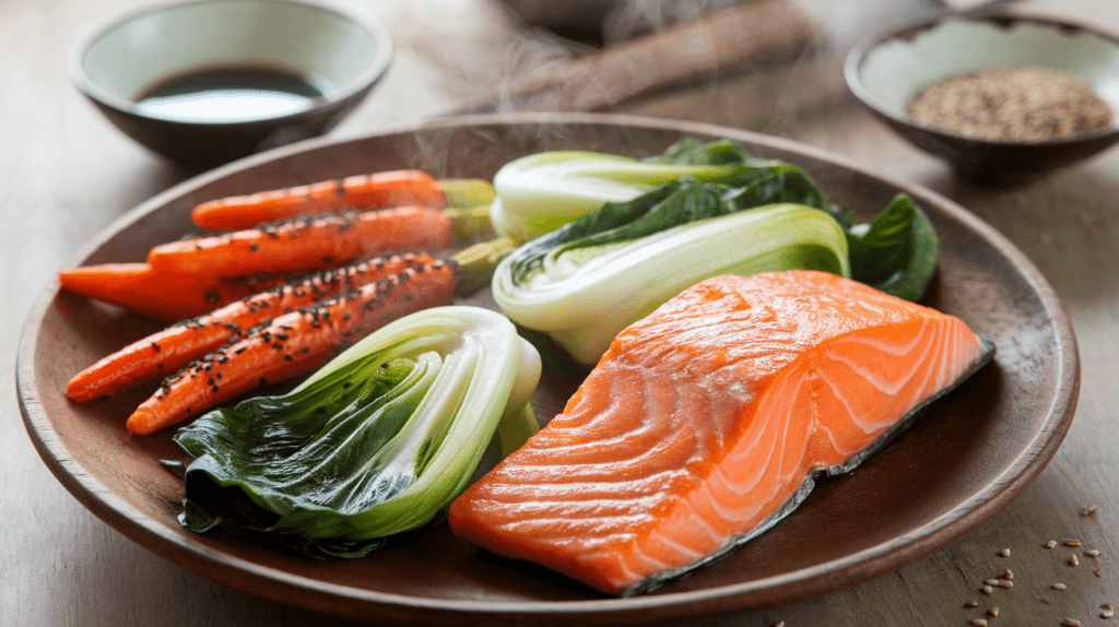 Stir-fried bok choy and sesame-ginger roasted carrots served alongside seared Asian salmon, showcasing fresh and flavorful sides