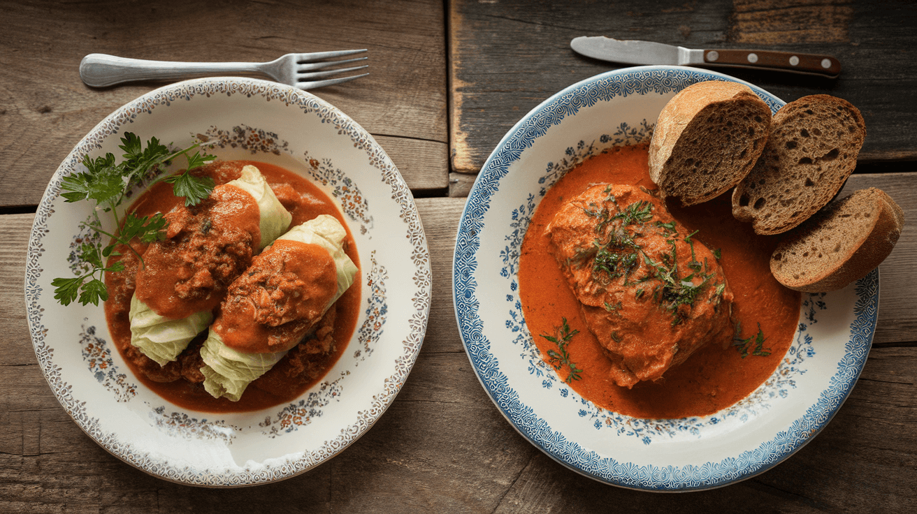 Side-by-side comparison of Slovak Halupki and Polish Golumpki served on a wooden table