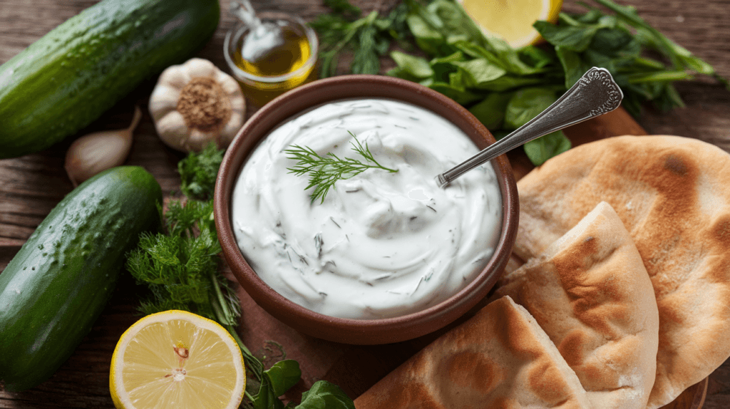 Freshly made tzatziki sauce with Mediterranean ingredients like cucumber, garlic, dill, and olive oil, served with pita bread on a wooden table