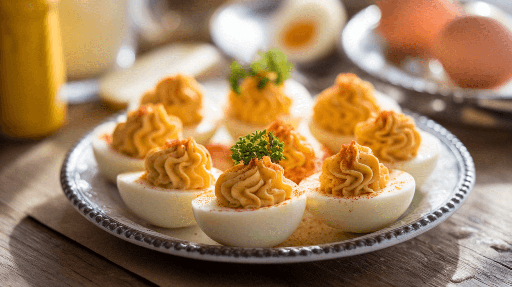 Freshly made deviled eggs garnished with paprika and parsley on a wooden table, perfect for parties or gatherings