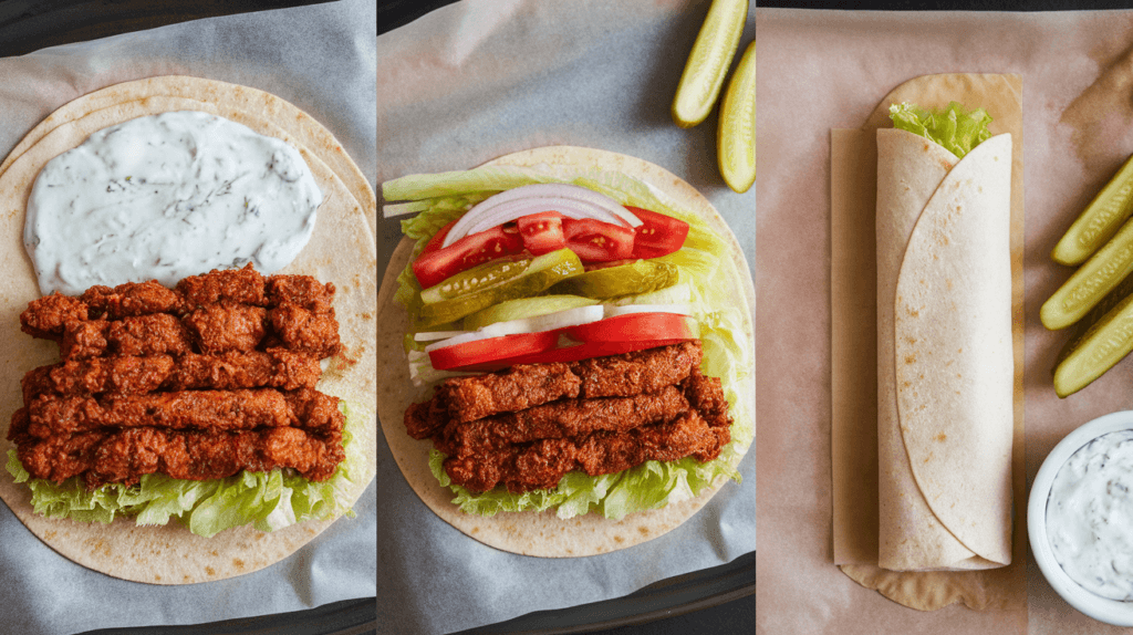 Step-by-step process of assembling a shawarma wrap with tzatziki sauce, spiced meat, fresh vegetables, and side pickles