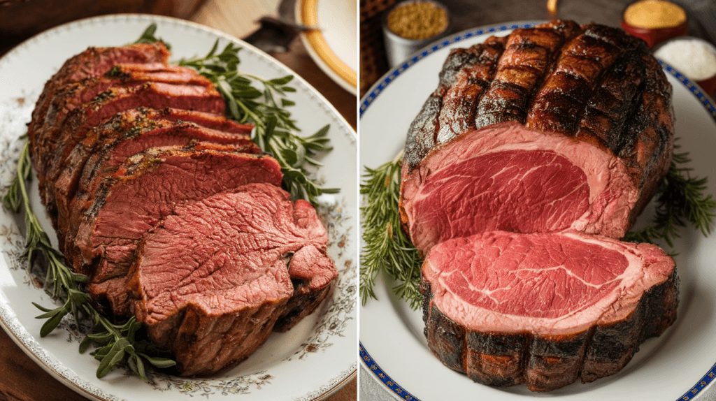 A side-by-side comparison of slow-cooked and fast-cooked prime rib, highlighting differences in texture, crust, and doneness