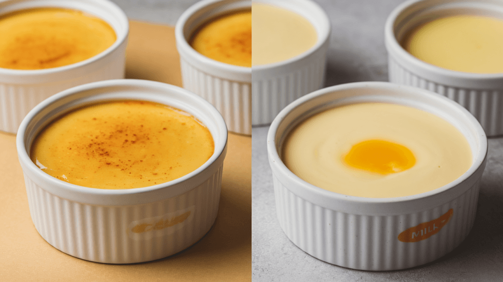 Side-by-side comparison of two crème brûlée custards: one made with cream showing rich texture and one with milk showing lighter consistency, in identical ramekins.