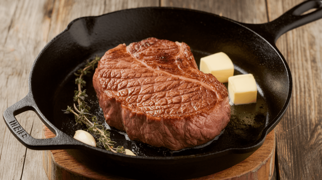 Pan-seared beef tenderloin steak in a cast-iron skillet with golden-brown crust, butter, thyme, and garlic