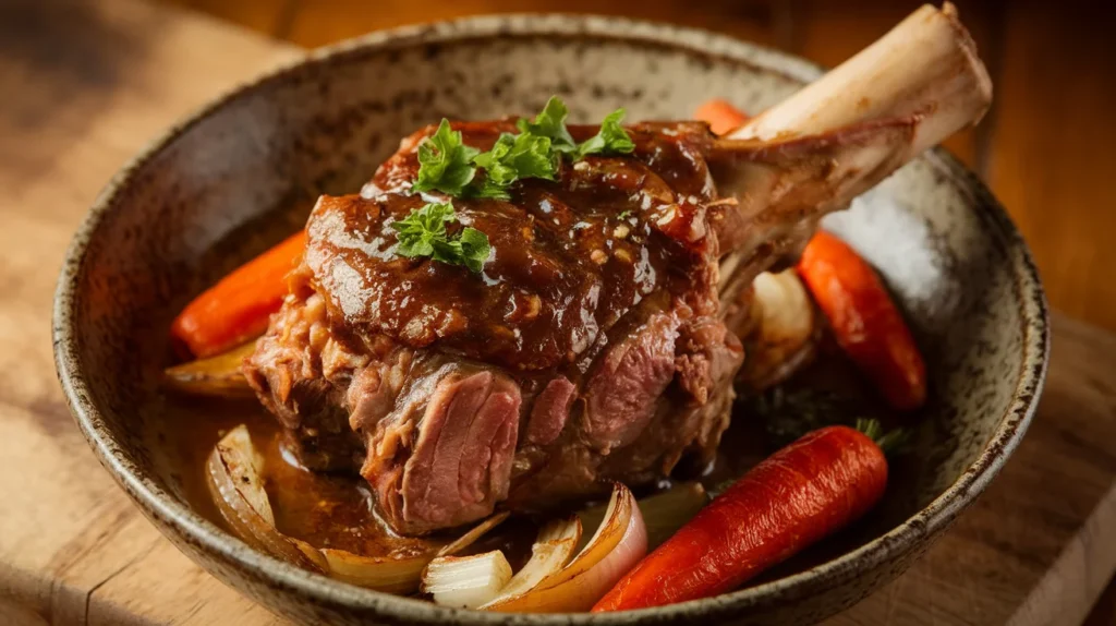 Slow-cooked lamb shank with a rich sauce, garnished with parsley, and served with roasted vegetables.