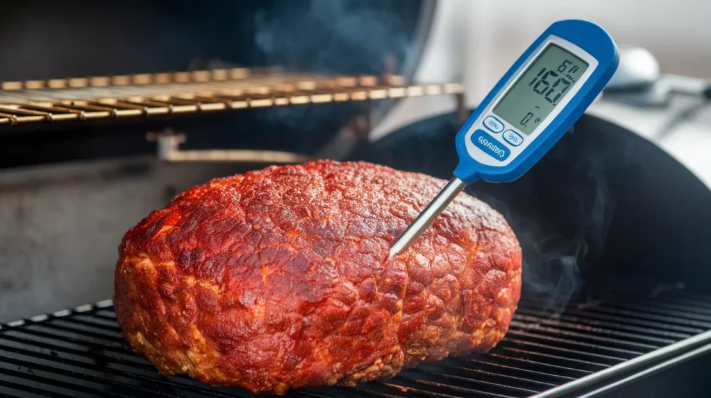 Meat thermometer showing 160°F inserted into a perfectly smoked meatloaf, with a golden crust and lingering smoke in the background