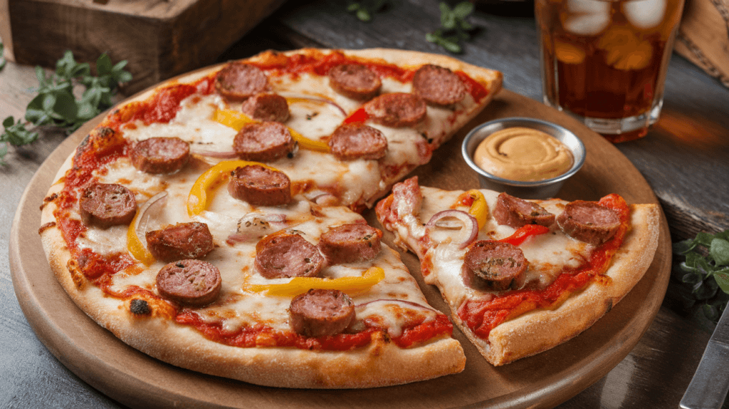 Smoked sausage pizza topped with melted cheese, bell peppers, and onions, served with mustard dip and iced tea for creative pairings