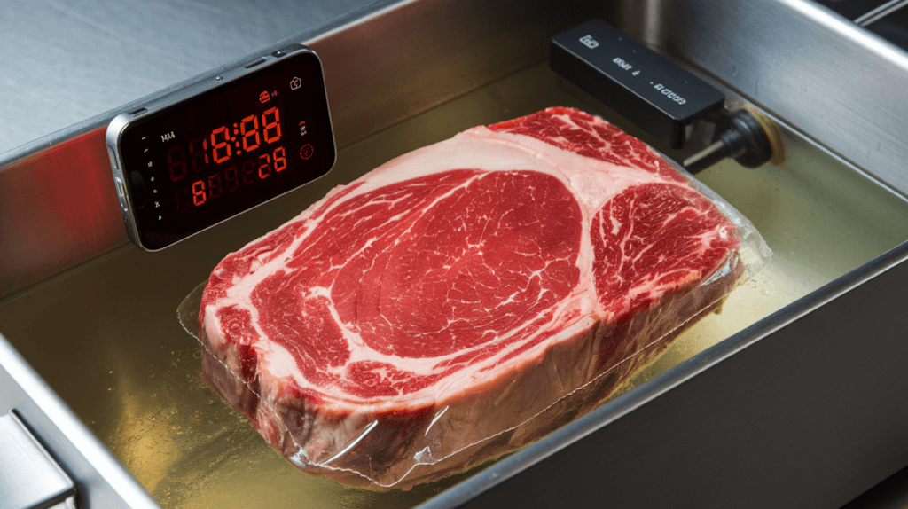 Prime rib submerged in a sous vide water bath with a precise temperature display and timer, highlighting the controlled cooking process