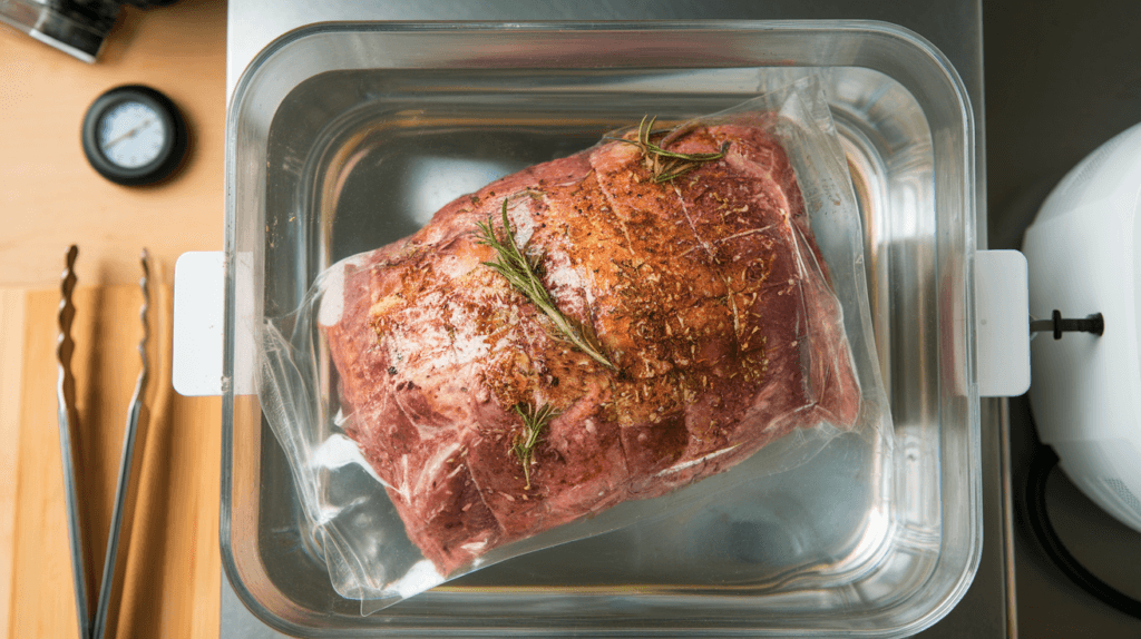 3 lb roast vacuum-sealed and cooking in a sous vide water bath, with tools and circulator temperature visible