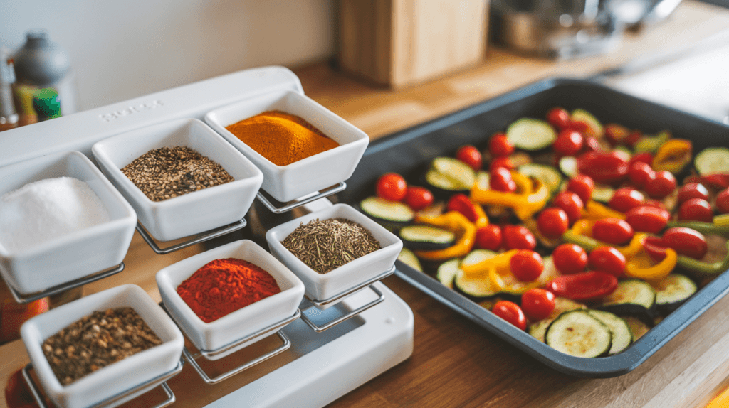 Seasoning options for air-fried frozen vegetables, including salt, pepper, paprika, garlic powder, and Italian herbs, next to a tray of crispy vegetables.