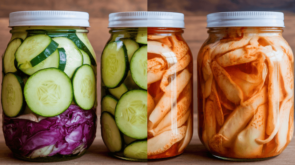 Comparison of fresh and spoiled cucumber kimchi in jars, highlighting signs of spoilage like discoloration and slimy texture