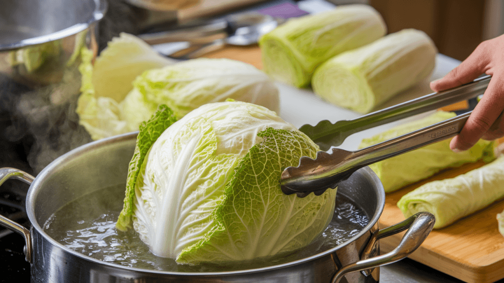 Step-by-step preparation of cabbage for cabbage rolls, showing blanching in boiling water, separating leaves, and preparing them for rolling