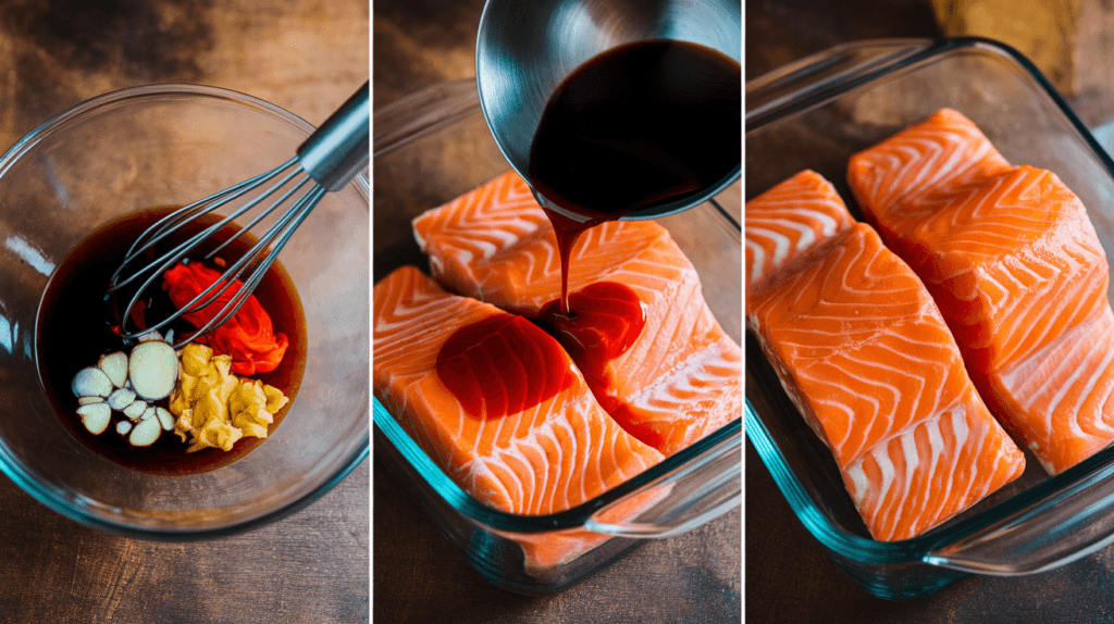 Step-by-step process of preparing Asian salmon marinade, showing a bowl with whisked sauce and salmon fillets ready for marination