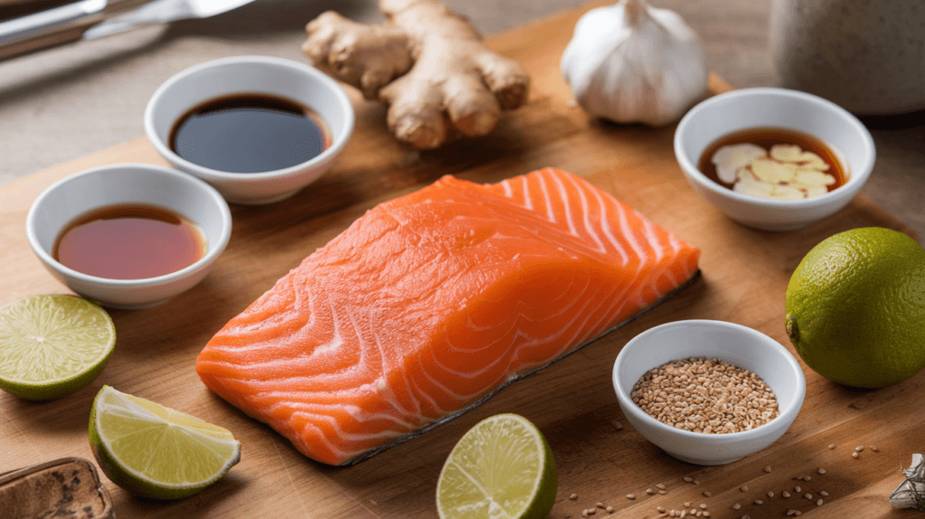 Fresh salmon fillet on a cutting board with Asian marinade ingredients like soy sauce, ginger, garlic, honey, lime, and sesame seeds