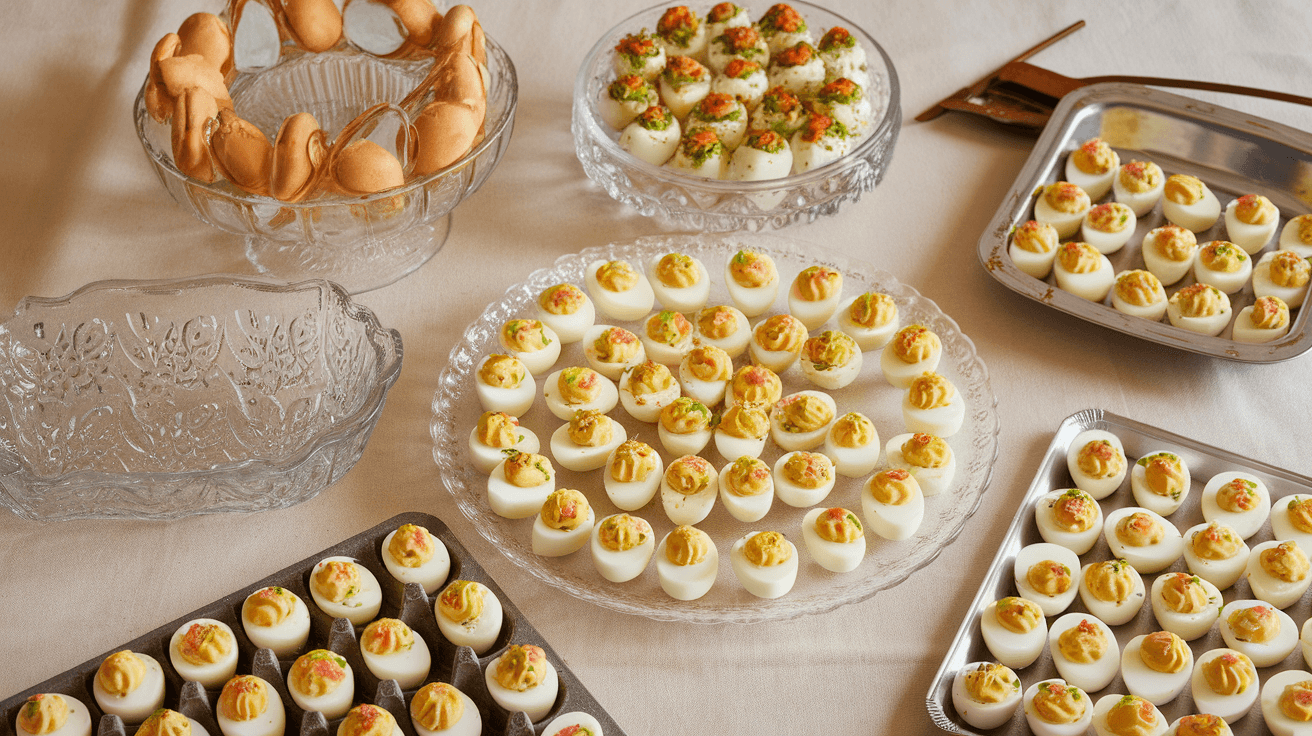 Variety of deviled egg trays in glass, ceramic, metal, and plastic filled with colorful deviled eggs