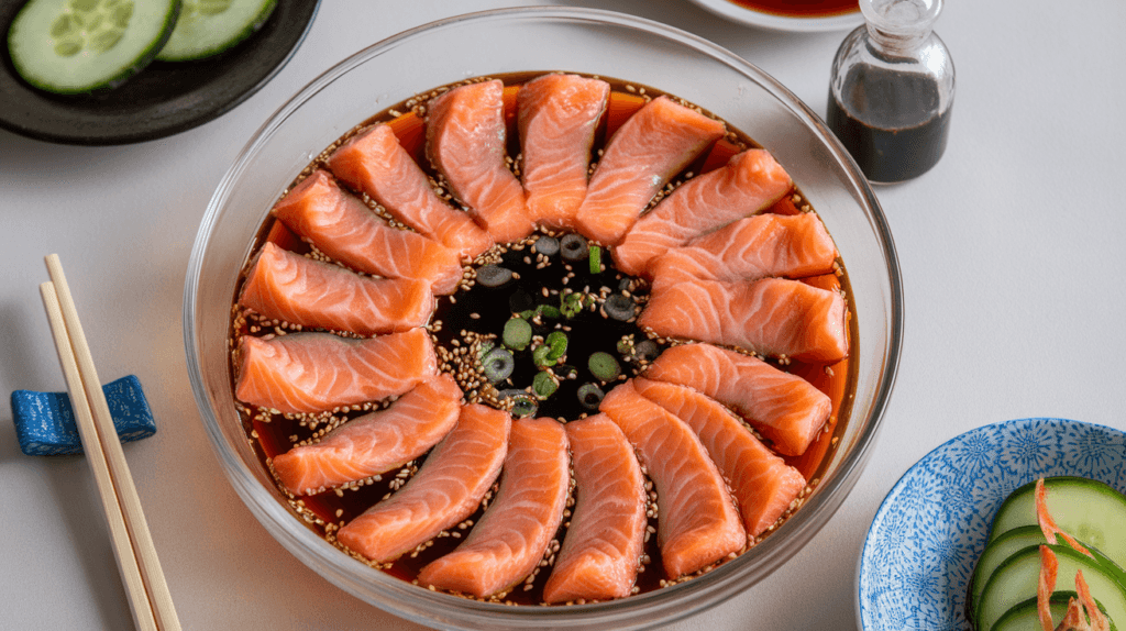 Raw salmon slices marinating in soy sauce with sesame seeds and green onions