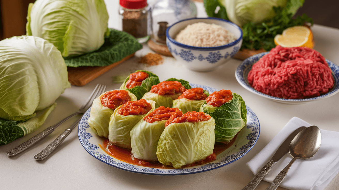 Homemade cabbage rolls filled with tender meat and topped with tomato sauce, served with ingredients used in the recipe