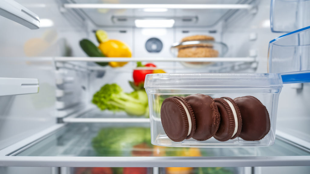 Chocolate-covered Oreos stored in an airtight container inside a clean, organized refrigerator