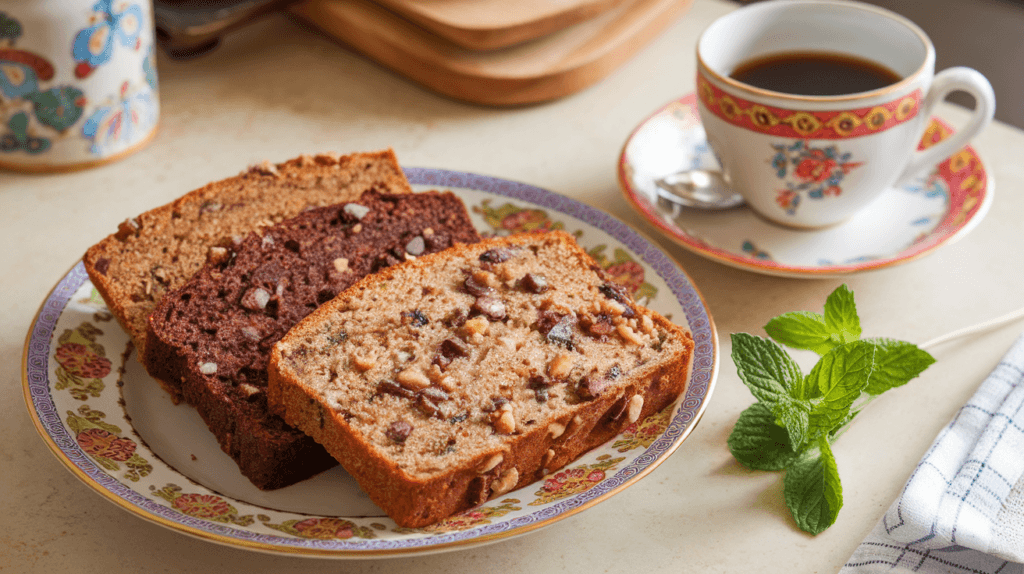 Three variations of 2 banana nut bread: chocolate chip, streusel-topped, and dried cranberry, served with coffee on a decorative plate