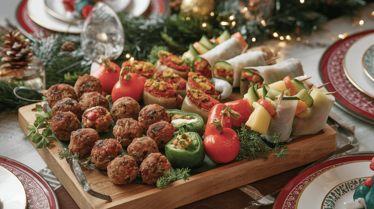 Costco cranberry jalapeño meatballs served with dipping sauces, roasted vegetables, and sliders on a festive table.