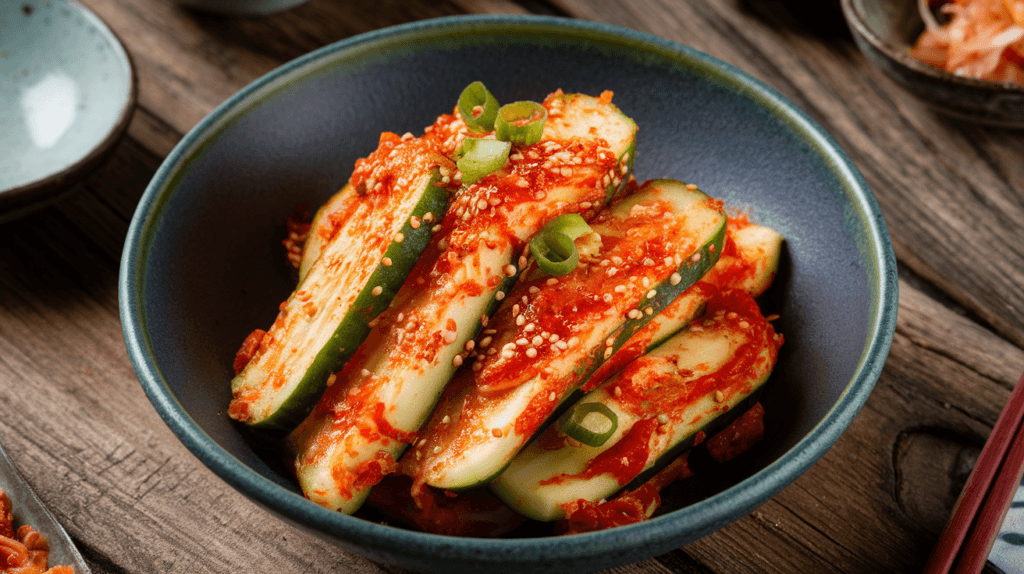 A bowl of freshly made cucumber kimchi with spicy red chili paste and sesame seeds, perfect for promoting gut health and digestion