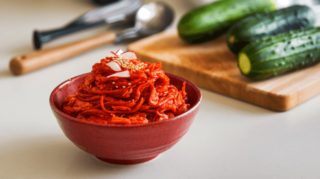 A bowl of thick, spicy kimchi paste made with chili powder, garlic, and ginger, ready to mix with cucumbers for less watery kimchi