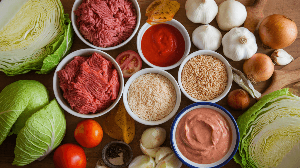 Ingredients used for Halupki and Golumpki, showcasing cabbage, ground meat, rice, and sauces