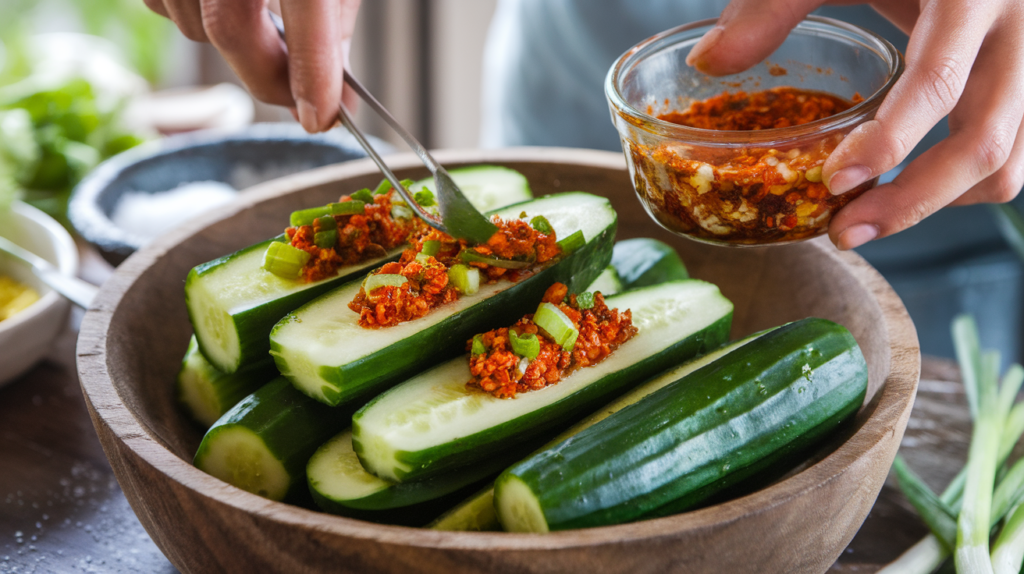 Preparing cucumber kimchi with fresh cucumbers, garlic, chili powder, and green onions in a rustic kitchen setting