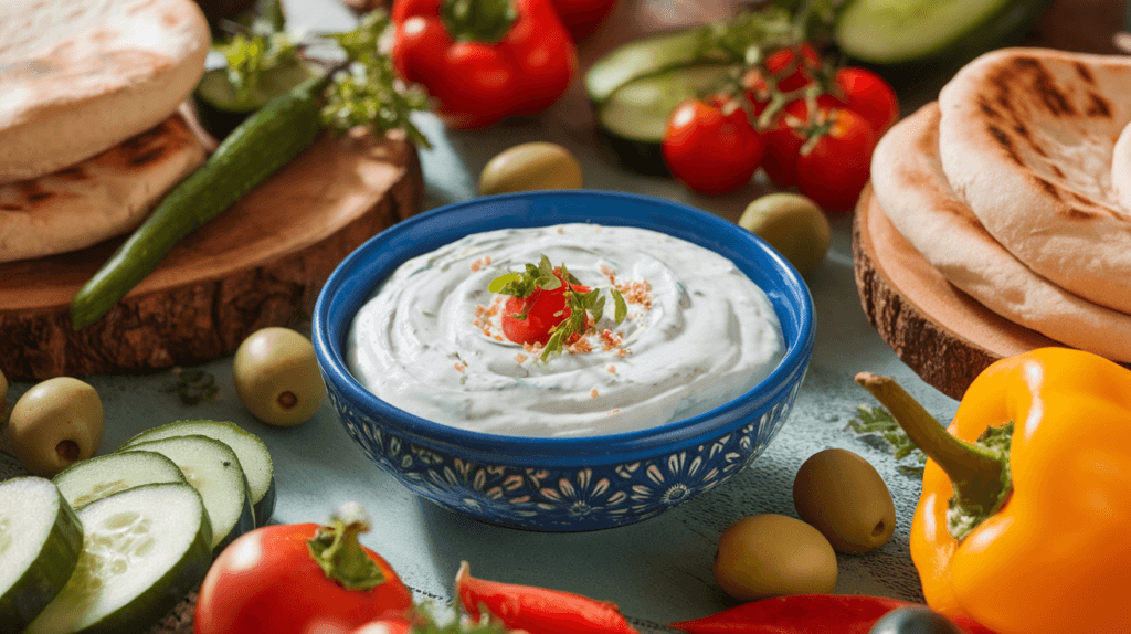 A Mediterranean table spread with tzatziki sauce, fresh vegetables, pita bread, and olives, showcasing its versatility and freshness