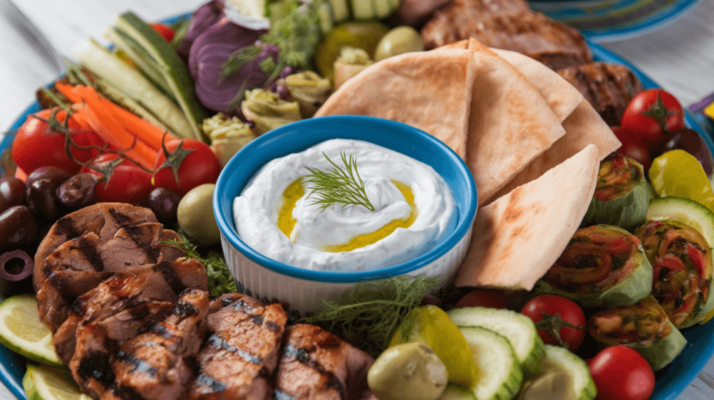 Meze platter with tzatziki sauce, grilled meats, fresh vegetables, olives, and pita bread, showcasing traditional Mediterranean serving ideas