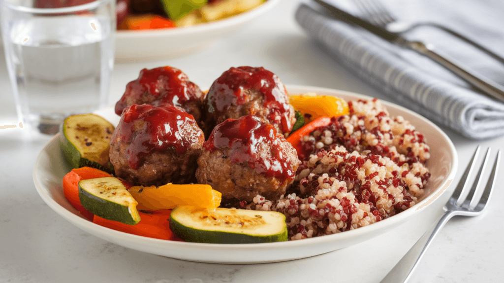 Plate of Costco cranberry jalapeño meatballs with roasted vegetables and quinoa, styled as a balanced meal in a dinner setting