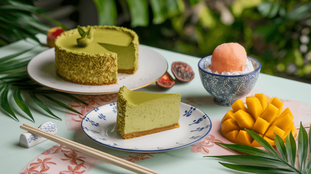 Matcha cheesecake, mango sticky rice, and lychee sorbet served as desserts, perfect for pairing with an Asian-inspired mea