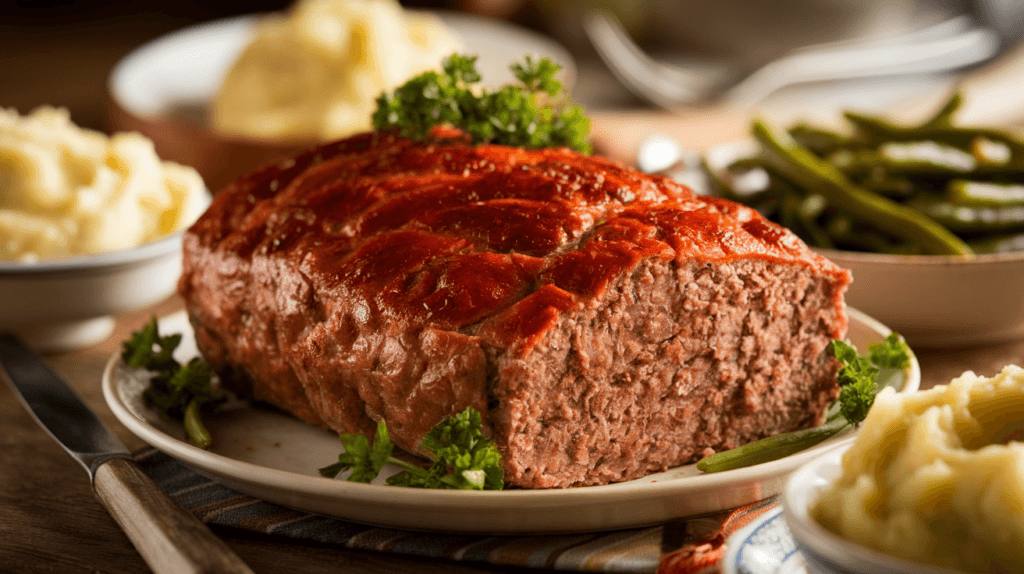 Perfectly baked meatloaf topped with golden crust, served on a rustic dinner table with mashed potatoes and green beans