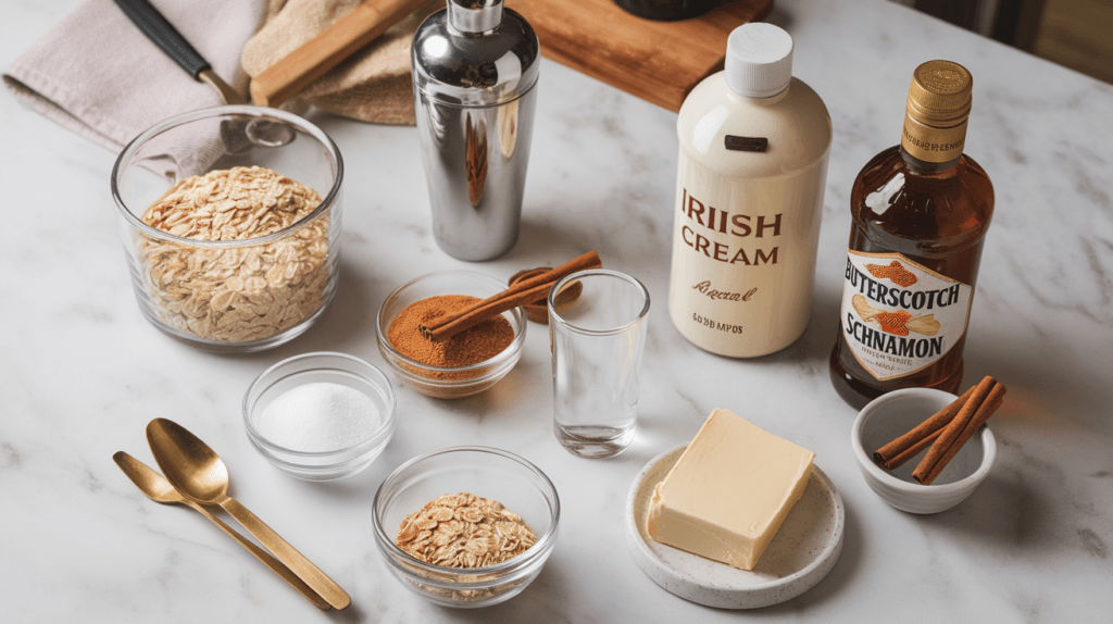 Ingredients for oatmeal cookie shot, including Irish cream, butterscotch schnapps, cinnamon schnapps, and garnishes, displayed on a white countertop.