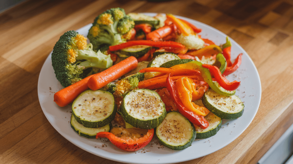 Air-fried vegetables, including broccoli, carrots, zucchini, and bell peppers, cooked to perfection with a crispy texture and vibrant colors.