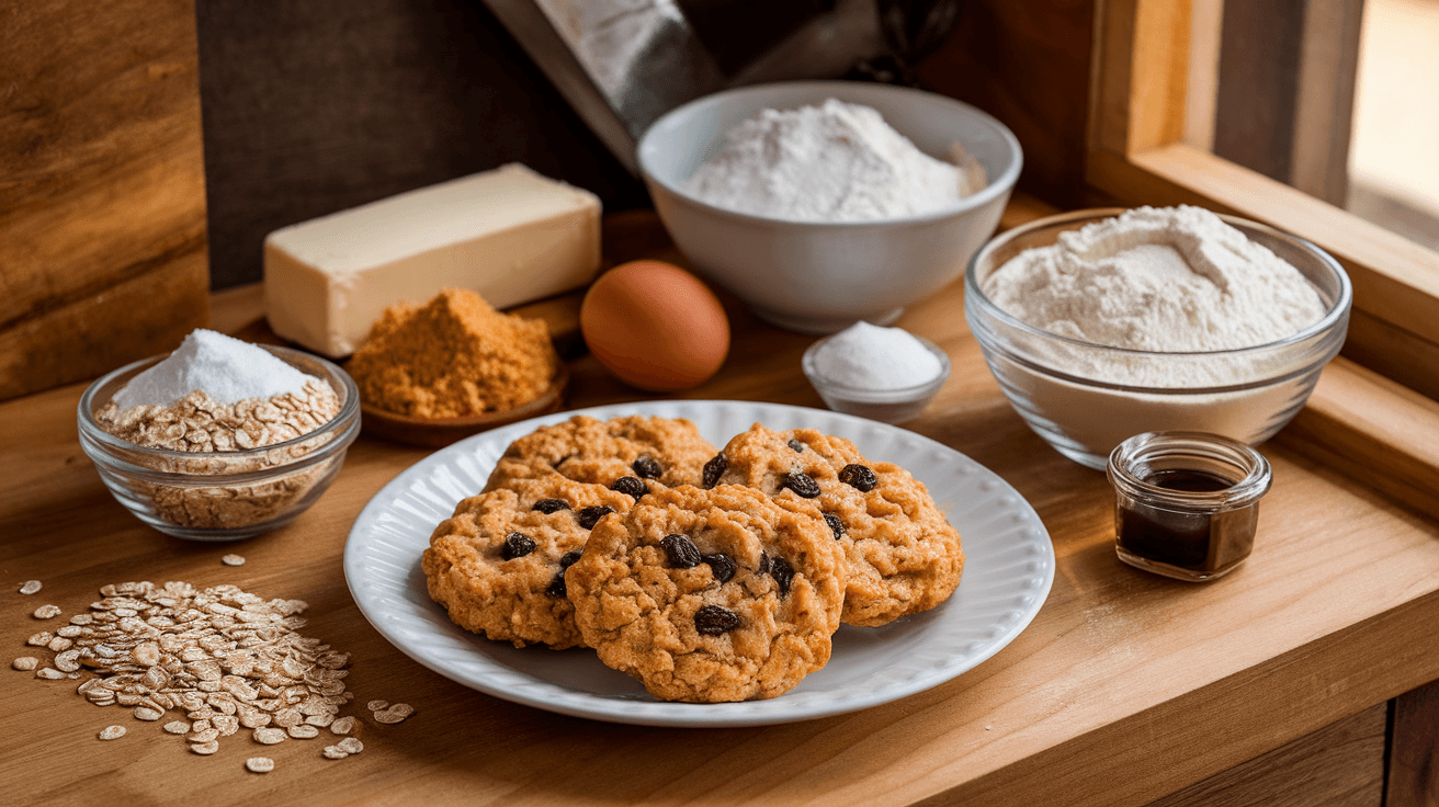 Close-up of Lil Dutch Maid oatmeal cookies surrounded by ingredients like oats, sugars, butter, flour, and vanilla on a rustic wooden counter