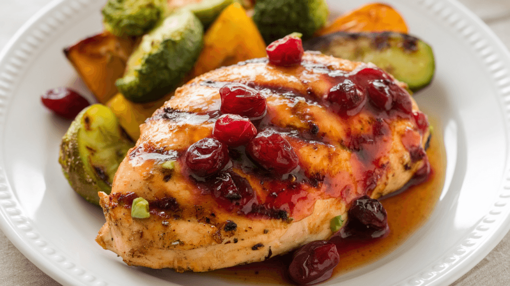 Grilled chicken breast glazed with Costco Cranberry Jalapeño Dip, served with roasted vegetables, highlighting a creative main dish idea.