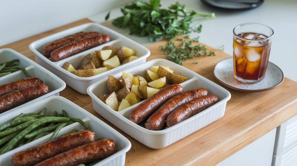 Meal prep containers with smoked sausage, roasted potatoes, and green beans on a wooden countertop