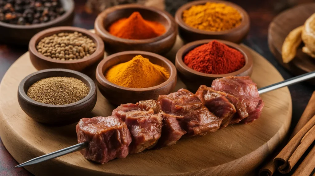 Middle Eastern and Indian spices like cumin, turmeric, sumac, and cinnamon with lamb skewers