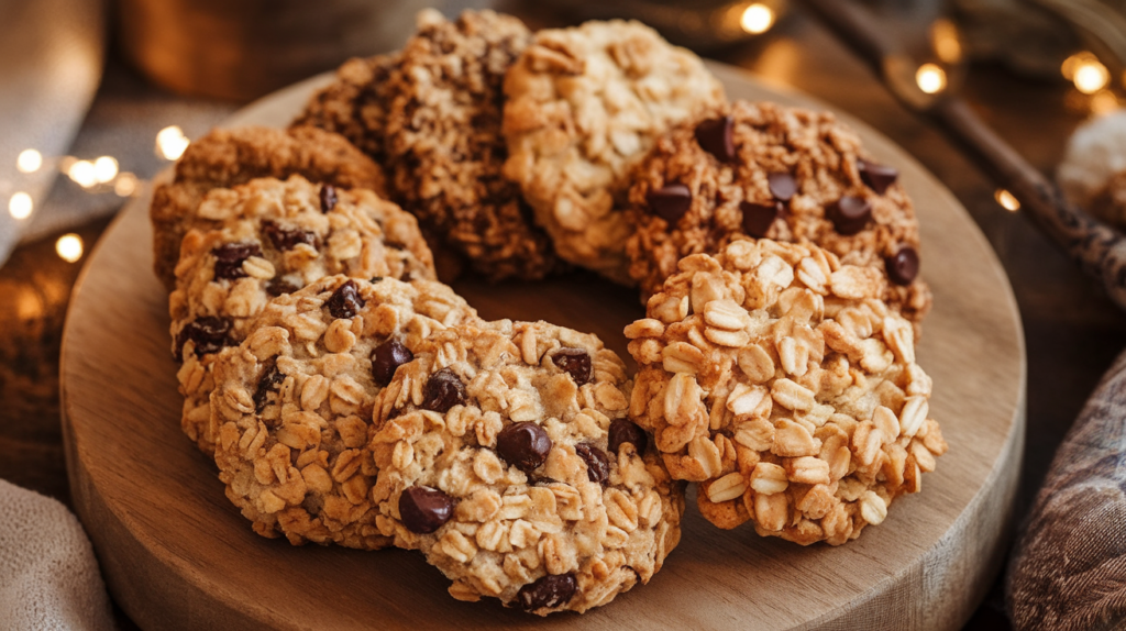 A variety of oatmeal cookies including raisin, chocolate chip, spiced, and vegan types displayed on a wooden board with cozy lighting