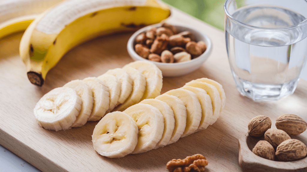 Two bananas sliced into rounds on a wooden cutting board, with a half-peeled banana and a small bowl of nuts, representing nutritious eating.