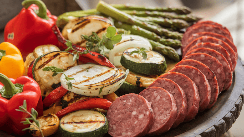 Grilled and roasted vegetables, including bell peppers and zucchini, paired with sliced smoked sausage on a wooden platter