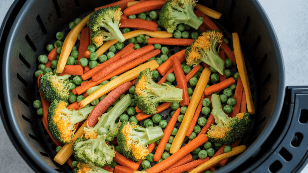 Air fryer basket filled with crispy air-fried frozen vegetables, including broccoli, carrots, and peas, freshly cooked and seasoned