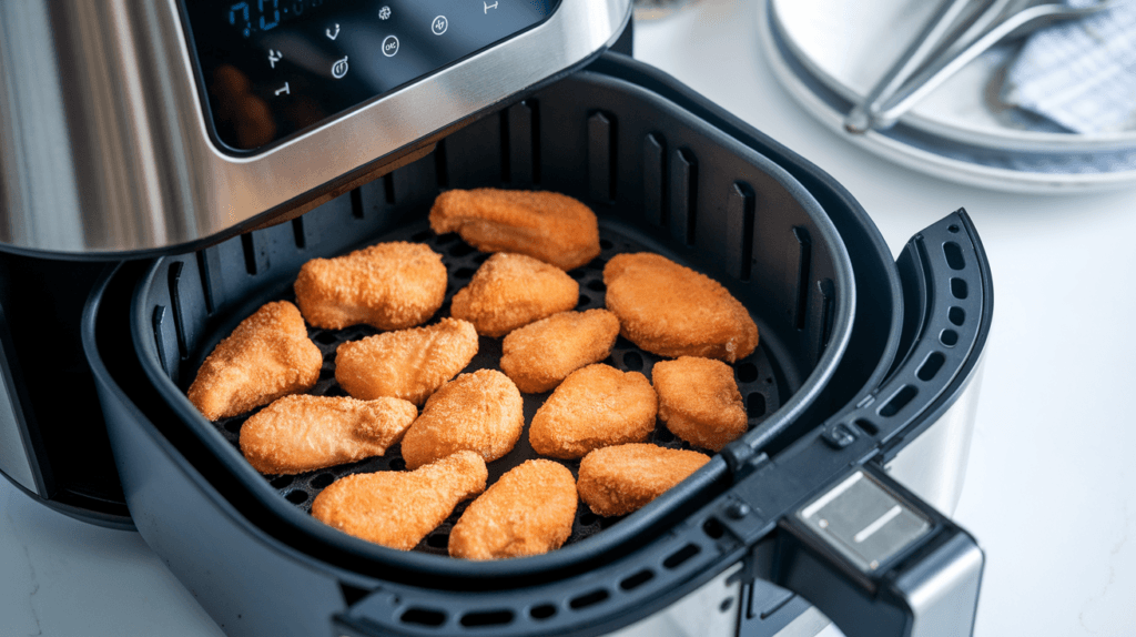 Air fryer basket with frozen chicken nuggets cooking, showing crispy texture and digital temperature display