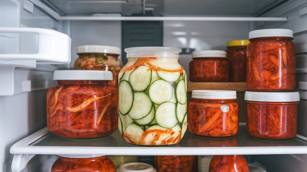 Cucumber kimchi stored in a clear jar on a refrigerator shelf, demonstrating proper storage techniques