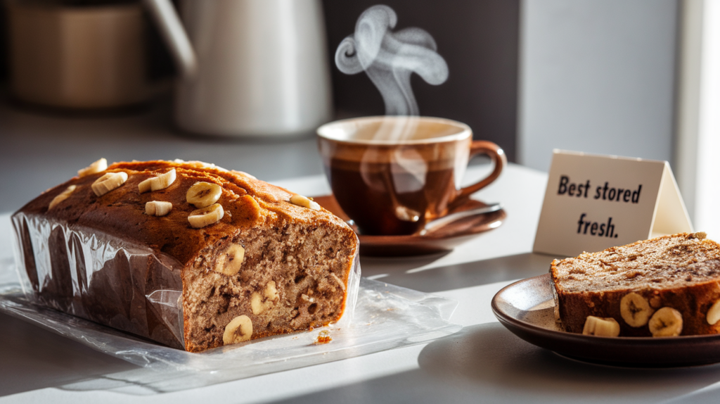 Banana nut bread wrapped in plastic wrap with a slice on a plate, accompanied by a cup of coffee and a “Best Stored Fresh” note card.