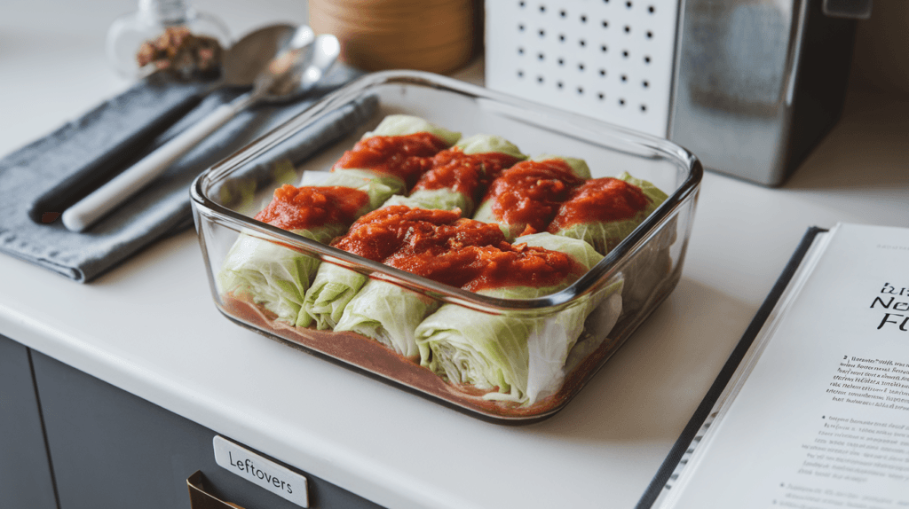 Leftover cabbage rolls stored in a glass container, ready for refrigeration, topped with tomato sauce